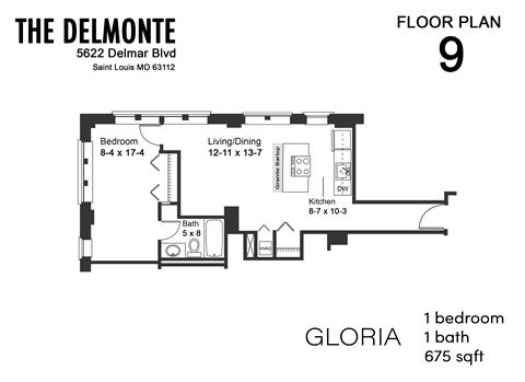 Floor plan for 1 bed, 1 bath, 675 sqft